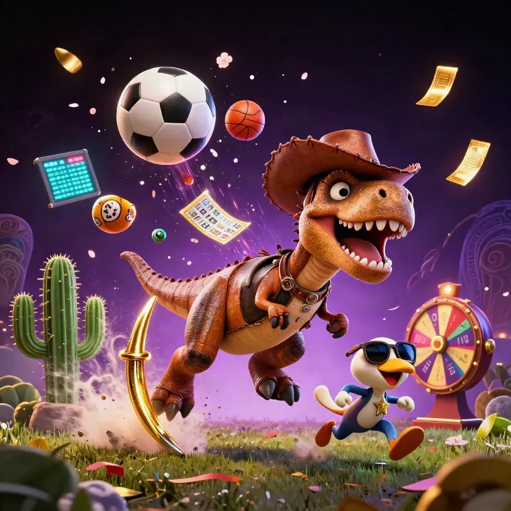 Cowboy T-Rex, cactus and roadrunner amid sports balls, casino tokens and neon magic.