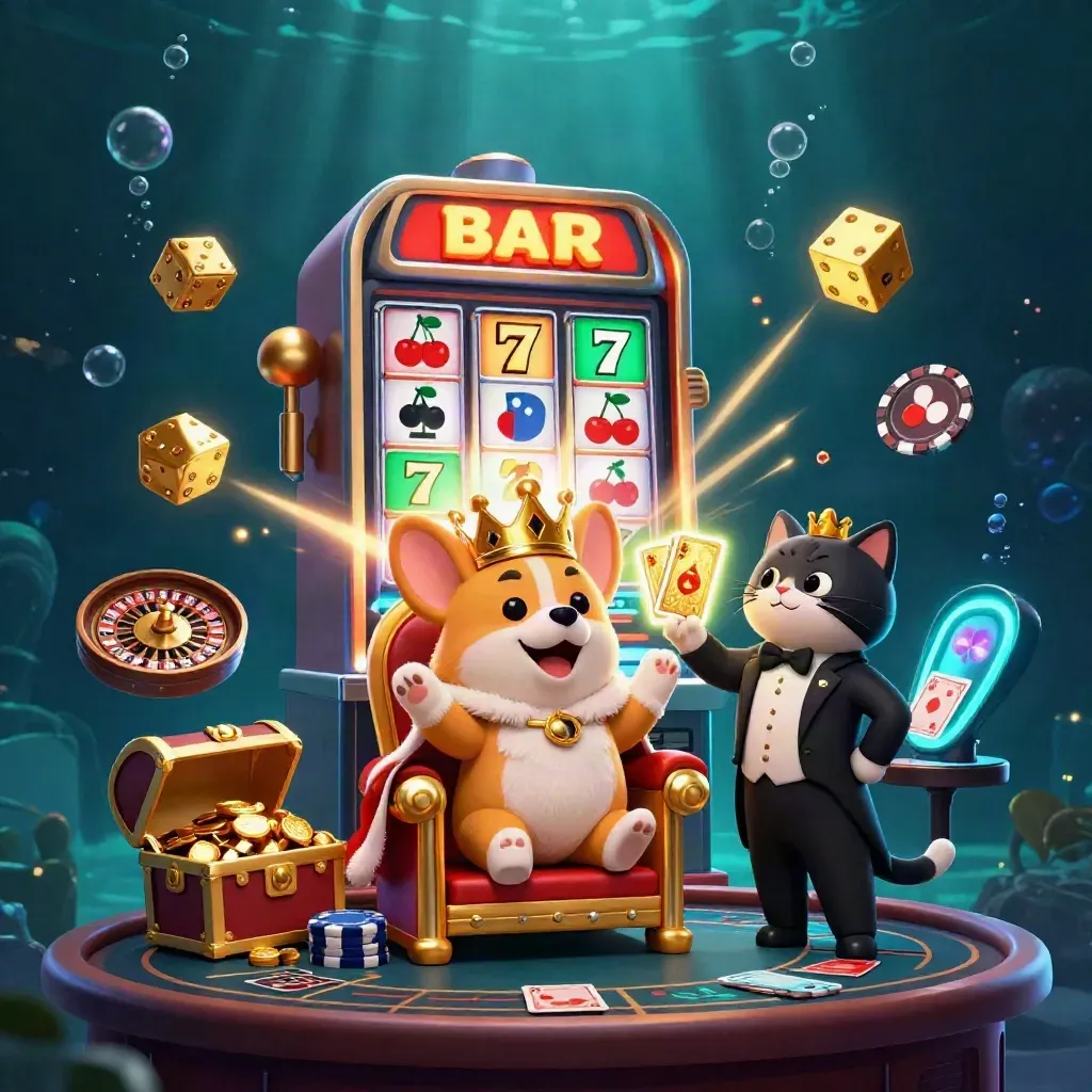 Royal corgi and cat butler amid casino treasures, slot rays, and underwater neon glow.