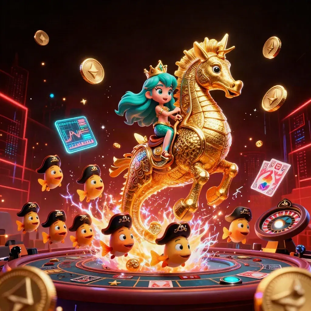 Mermaid princess on armored seahorse amid neon coins, roulette wheel, and casino energy.