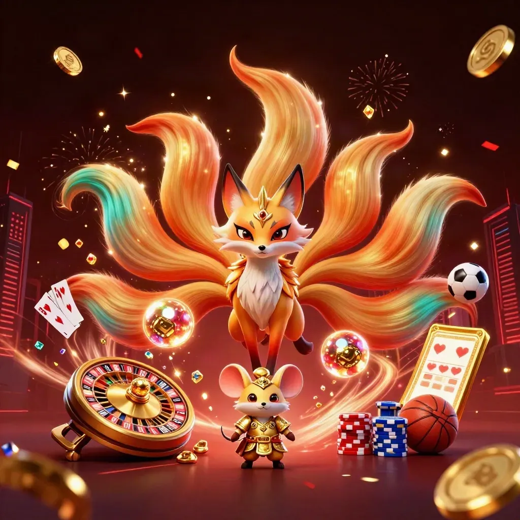 Neon fox spirit and golden mouse amid casino symbols, sports balls, and explosive lights.