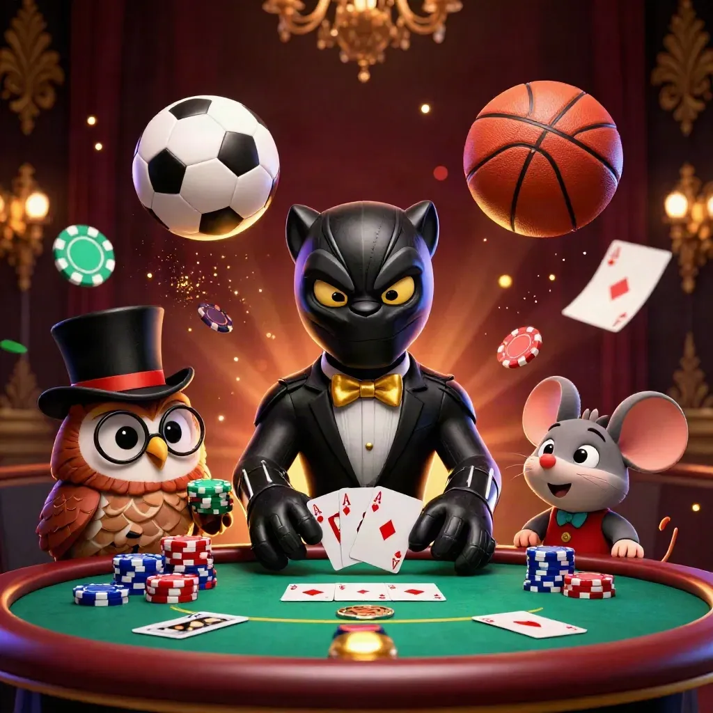 Panther, owl and mouse amid chips, cards and flying soccer ball under casino glow