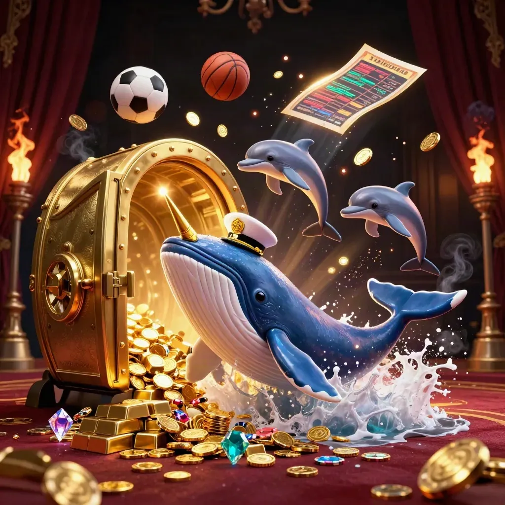 Whale, narwhal, and dolphins burst through coins with casino treasures and flying sports balls.