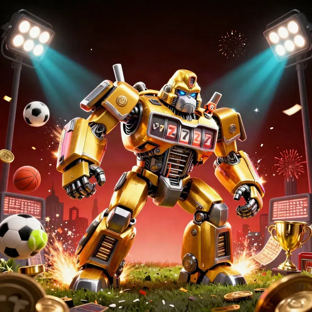 Golden gorilla slot-mech blasts sports balls, coins, and neon light through a dark arena.