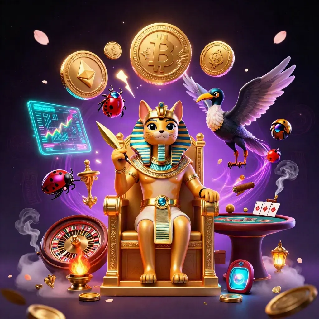 Pharaoh cat, ibis scribe and gem-winged scarabs amid casino magic and neon crypto sparks