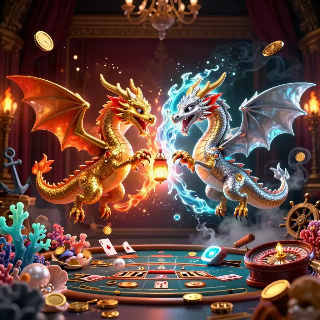 Twin dragons swirl over a luxe casino treasure cove with coins, coral, cards and chandelier glow.