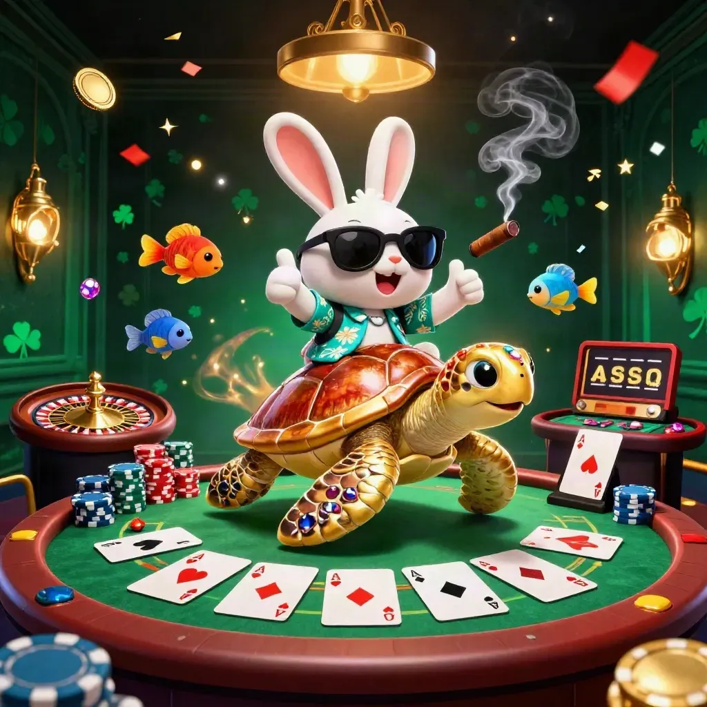 Rabbit on a gold sea turtle amid casino cards, chips, fireworks and emerald luxe glow.