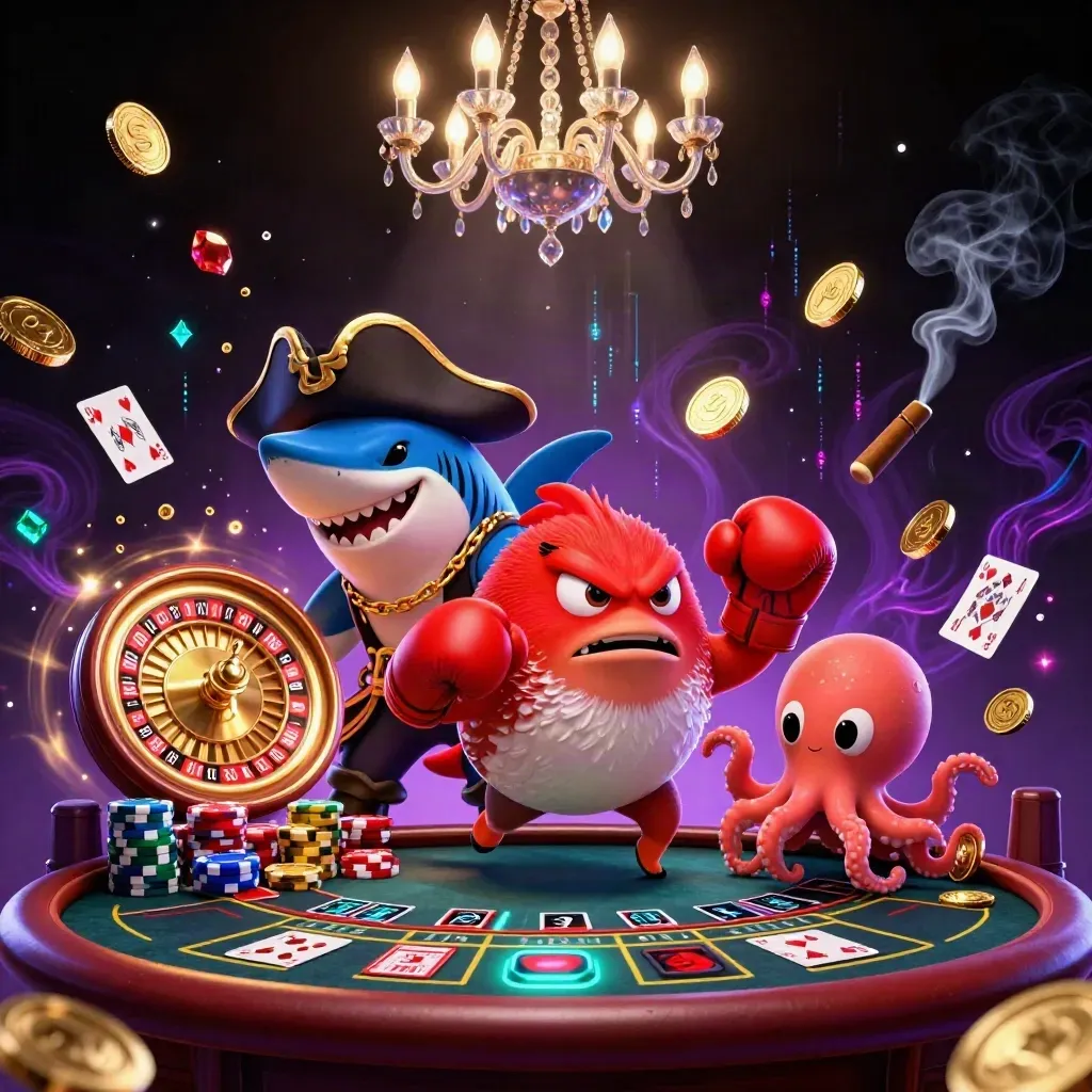 Pirate shark, boxing pufferfish, and juggling octopus in a luxe casino glow.