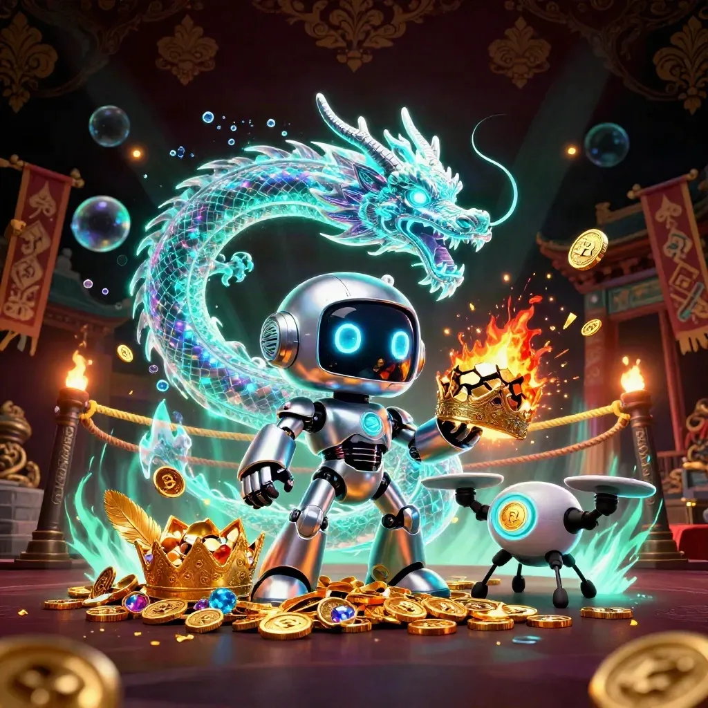 Cyberpunk robot, holographic dragon and coin drone explode with treasure, teal glow, temple gate and casino luxe lighting.