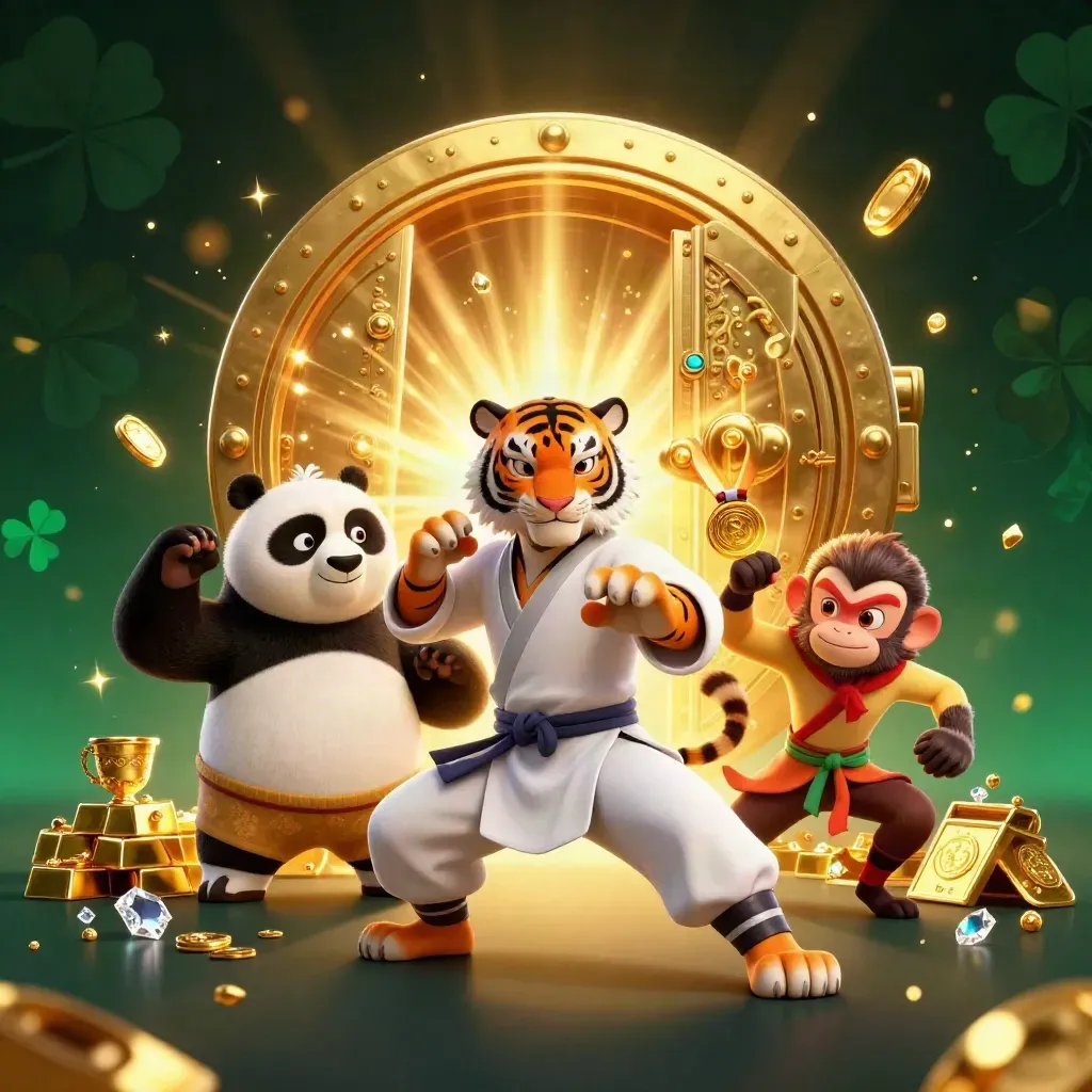 Kung-fu tiger, panda, and monkey amid vault gold, gems, and glowing casino treasure.
