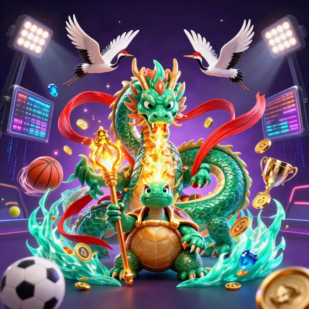 Jade dragon, turtle sage and ribbon cranes amid coins, balls, trophy and neon casino glow.