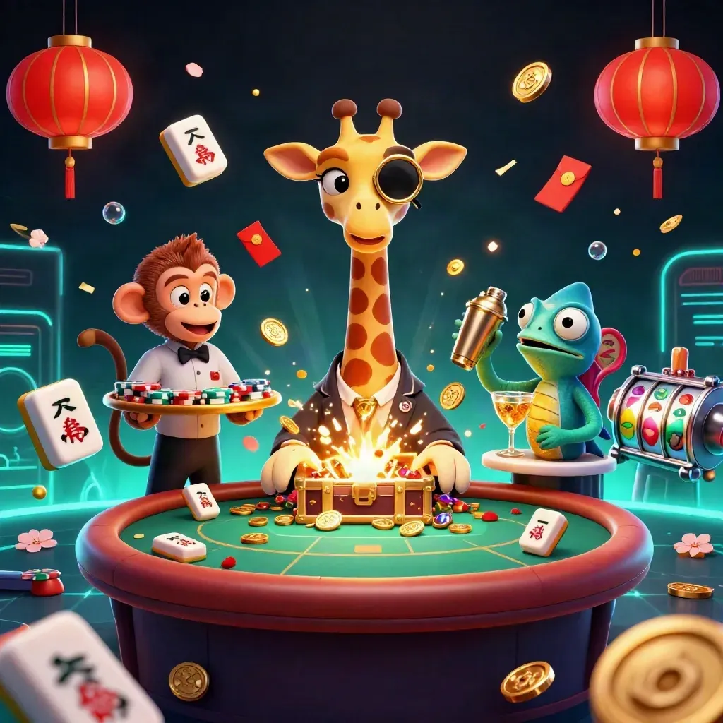 Giraffe VIP gambler, monkey valet and chameleon bartender amid neon treasure burst.