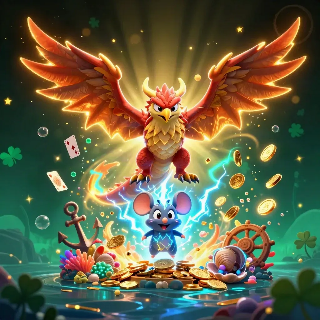 Thunder dragon, glowing hawk, and crackling mouse amid treasure, coral, coins, and teal lightning