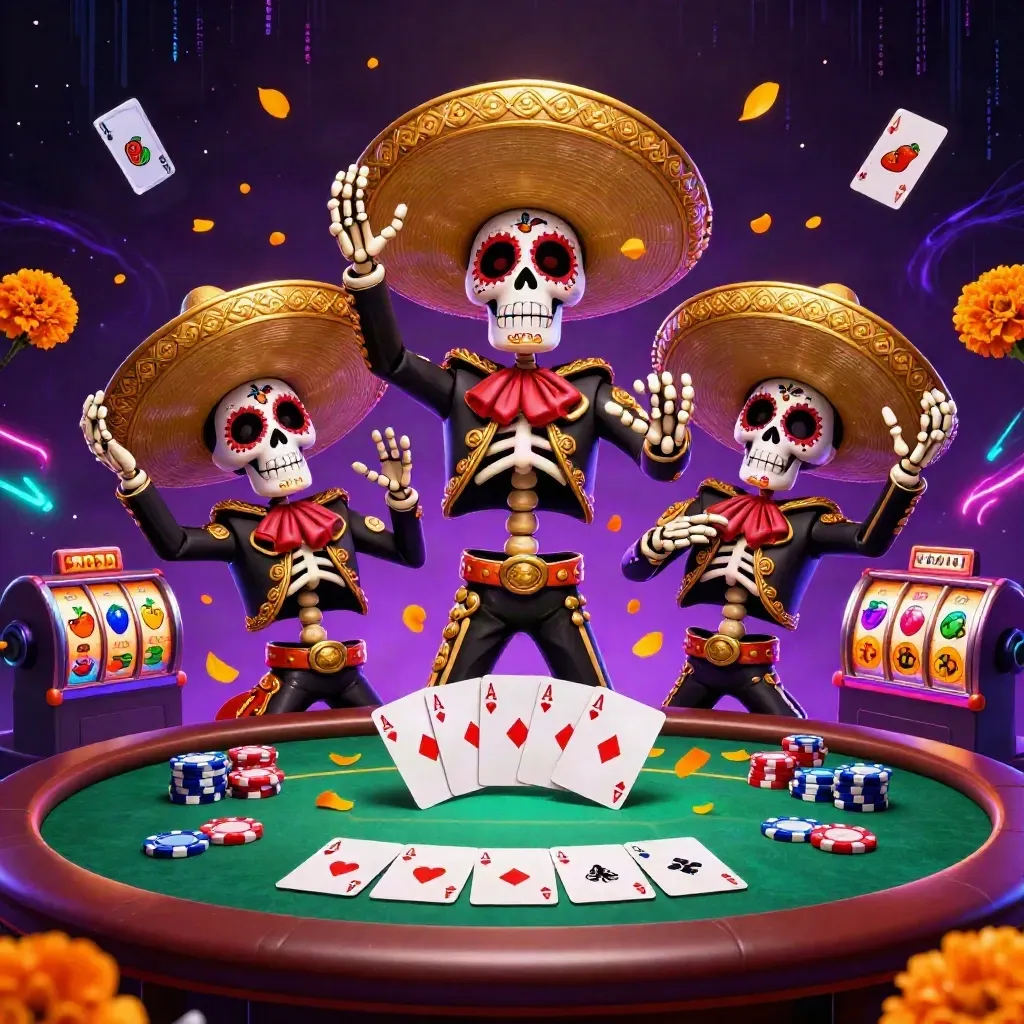 3D skeleton mariachi trio amid poker chips, aces, neon energy, and starry purple casino glow