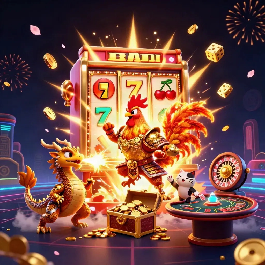 Rooster warrior, dragon hatchling and lucky cat amid exploding slot jackpots and casino gold