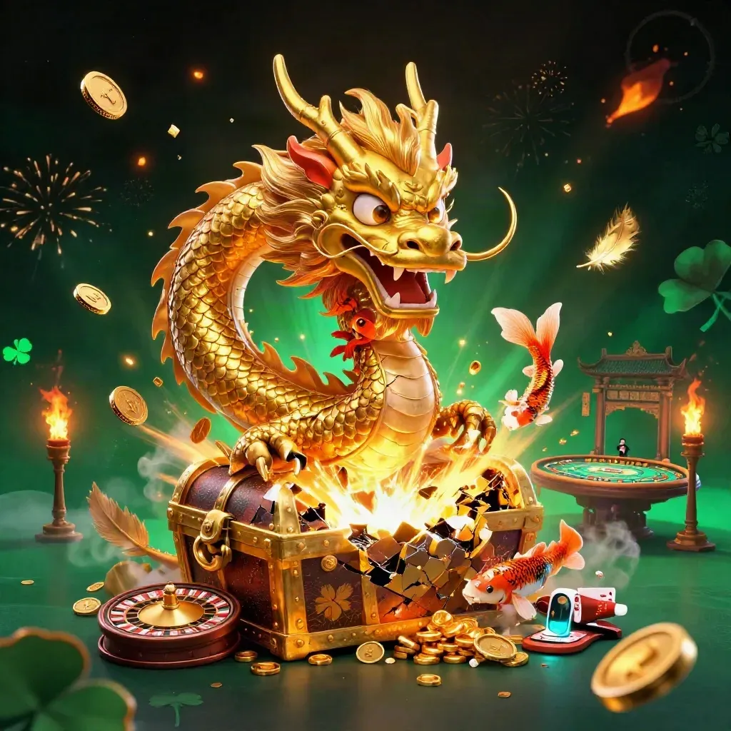 Golden dragon, phoenix and koi explode amid coins, fireworks, roulette and casino glow.