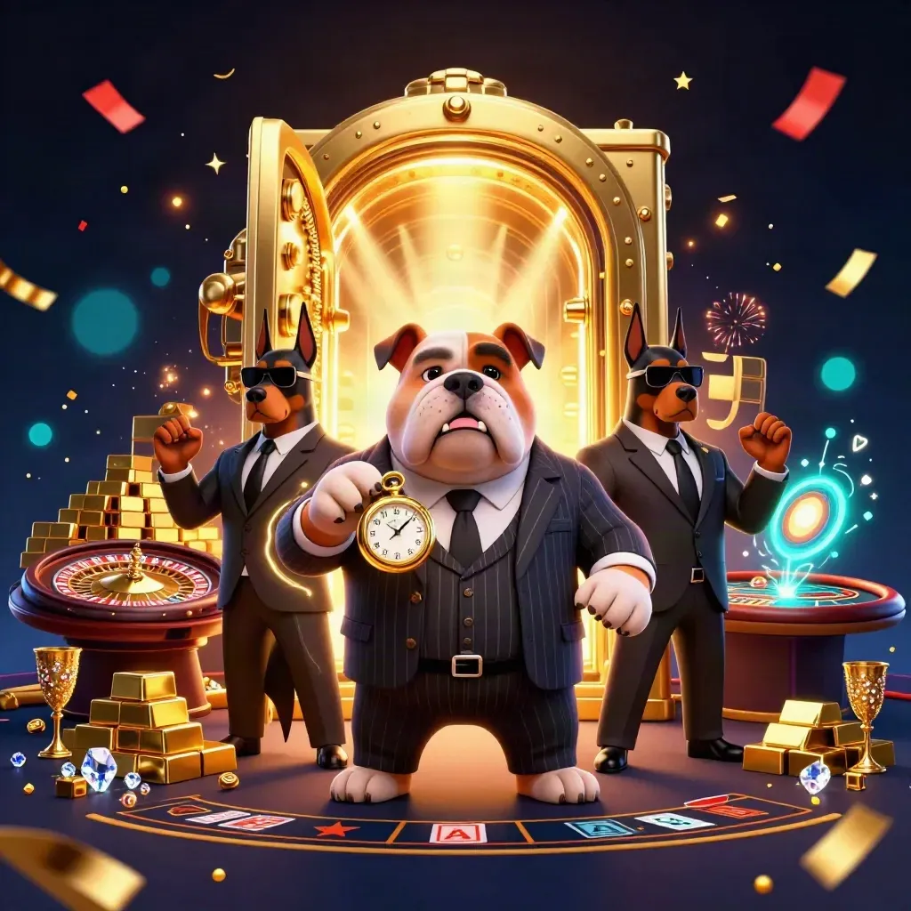 Bulldog boss and Dobermans in a vault blast with gold, gems, roulette wheel and casino glow.
