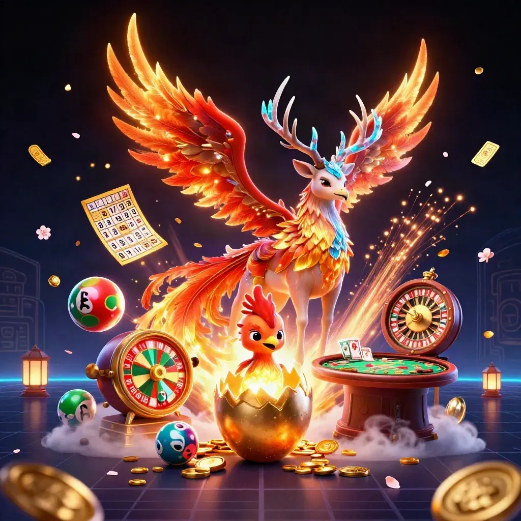 Fire phoenix, hatchling, and crystal stag amid casino tokens, coins, fireworks, and neon gold glow.