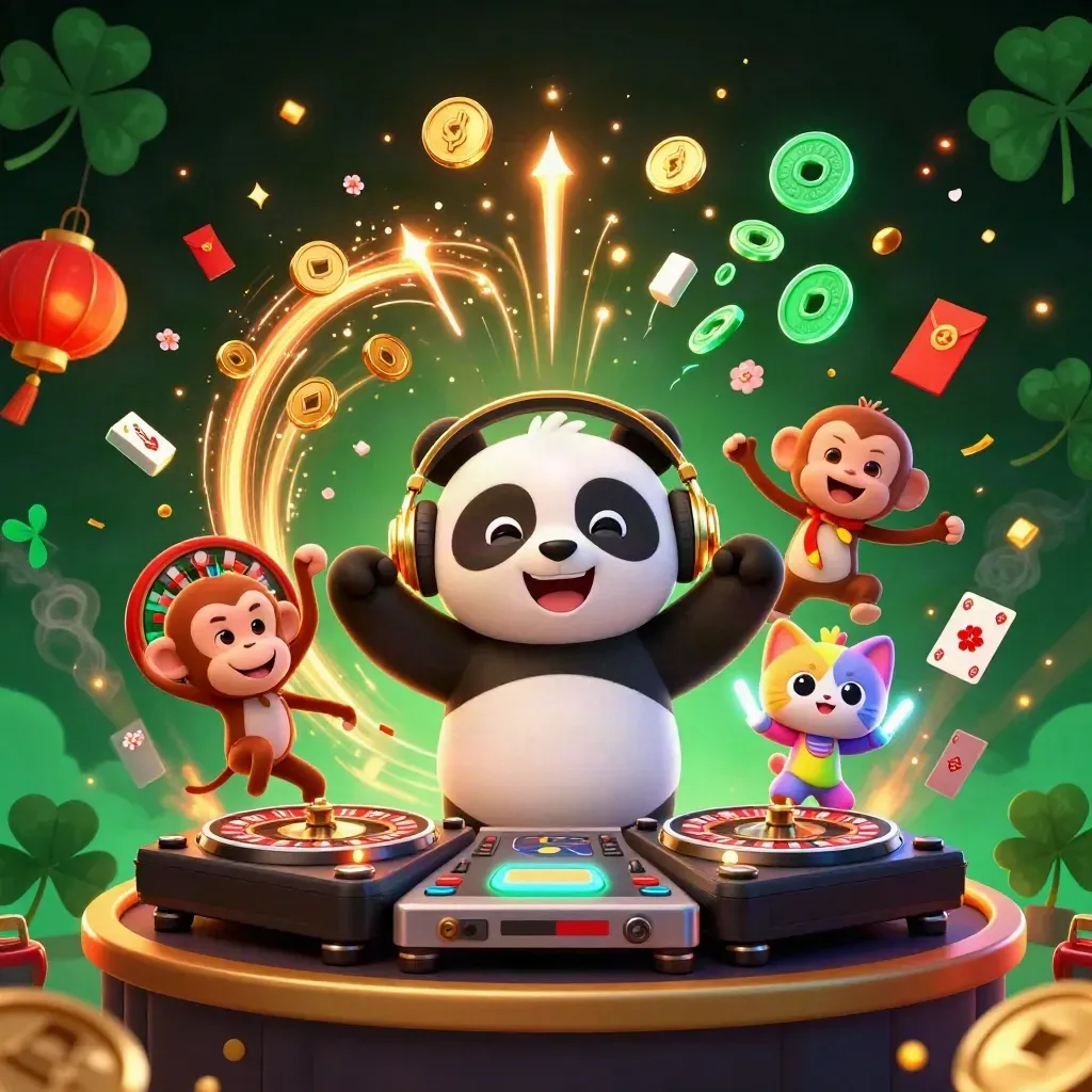 DJ panda, breakdancing monkey and rave kitten amid casino coins, fireworks and lanterns