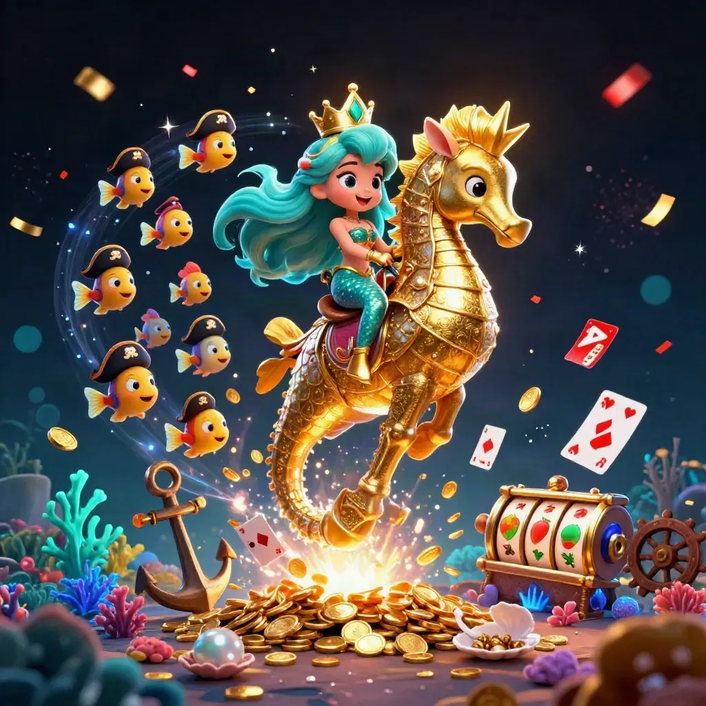 Mermaid princess on a golden seahorse amid pirate fish, treasure, reels, and neon casino glow.