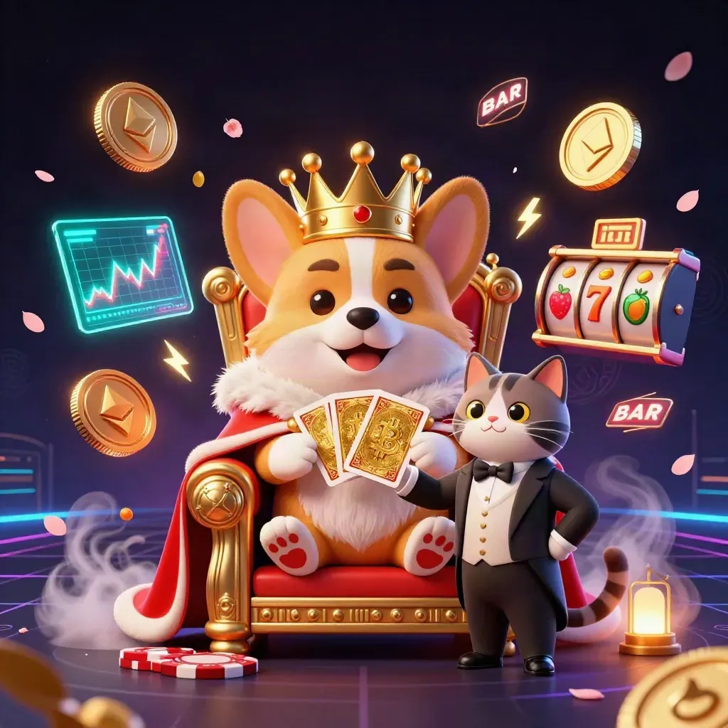 Royal corgi and cat butler amid casino chips, coins, reels, neon lightning, petals, and glowing fog.