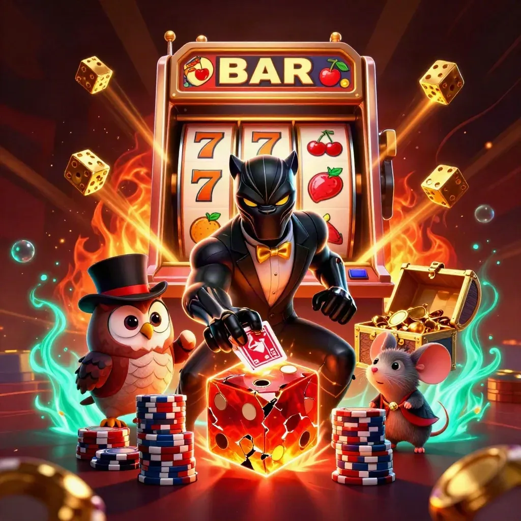 Panther, owl, and mouse around a glowing dice core amid slots, gold, and ember light.