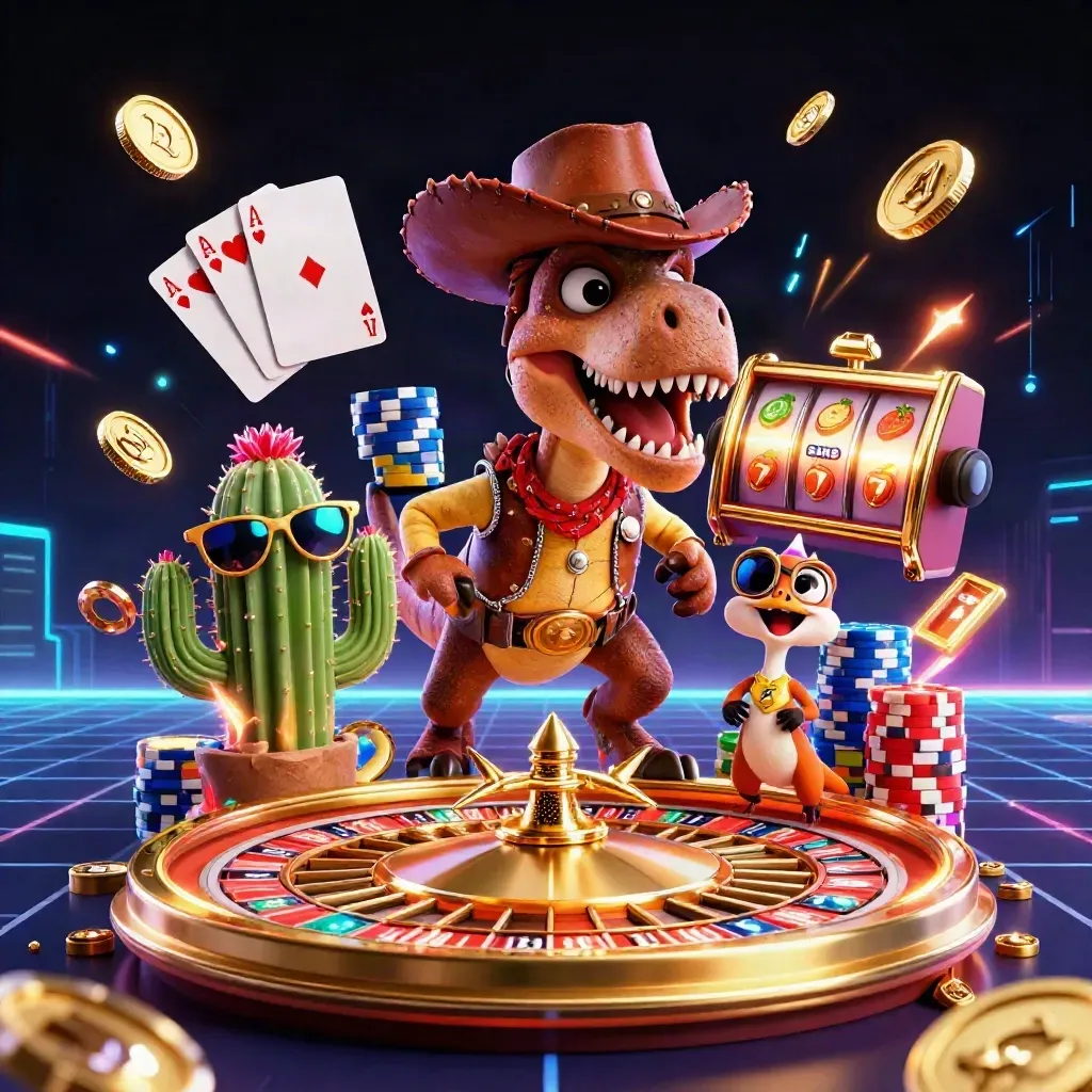 Cowboy T-Rex, cactus and roadrunner burst from casino reels in neon gold and teal.