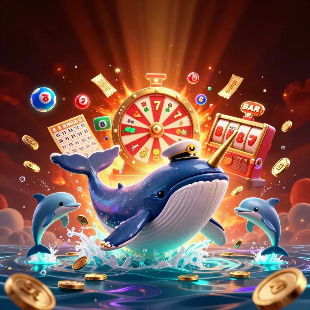 Whale captain, narwhal and dolphins burst through coins with casino symbols and neon glow.